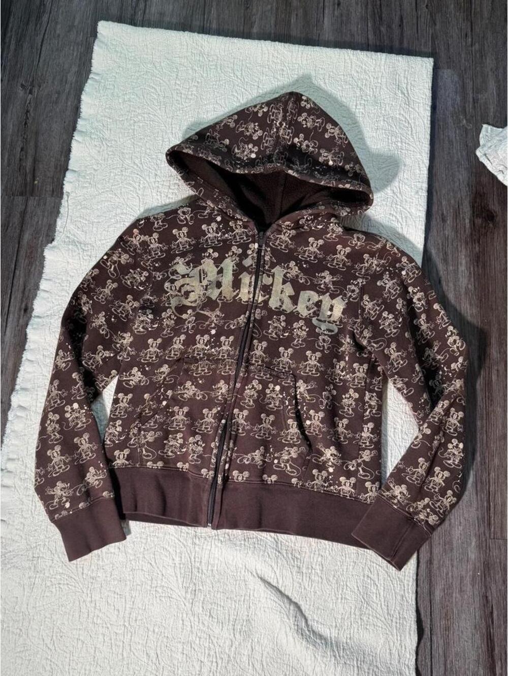 brown & gold mickey mouse brown zip up hoodie